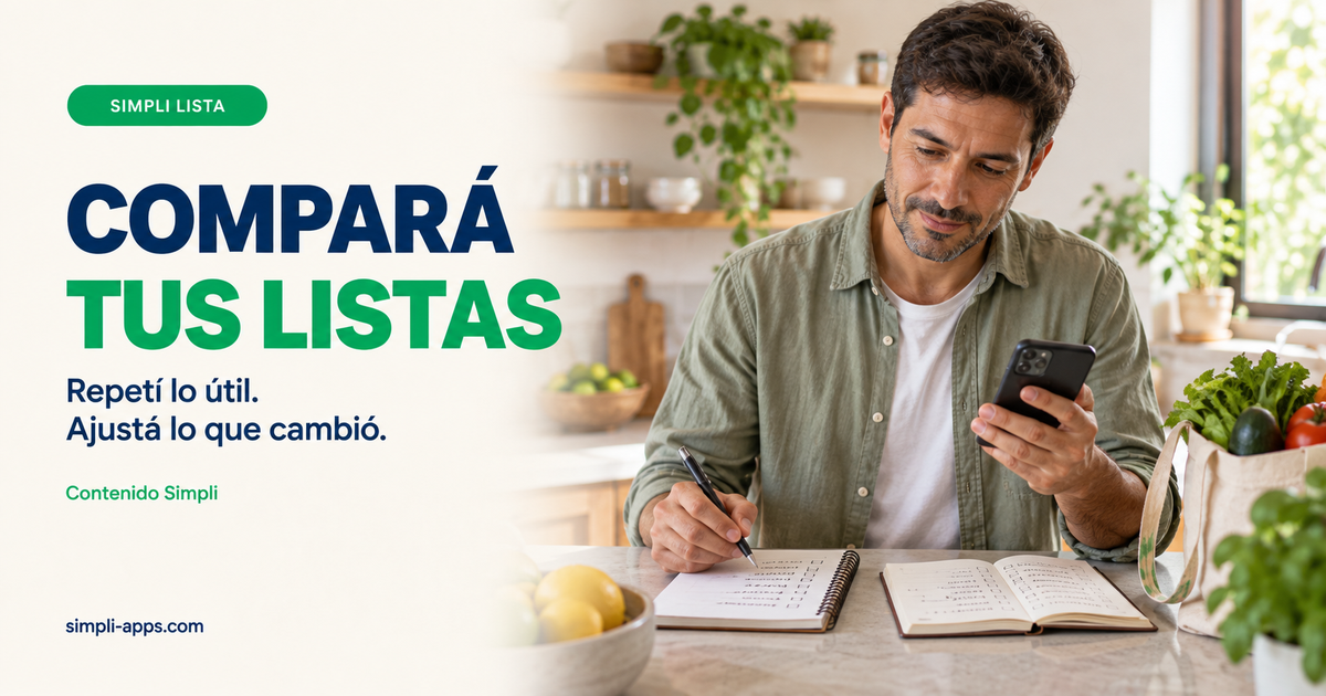 Un hombre compara dos cuadernos de compras en la cocina, junto a alimentos y su celular