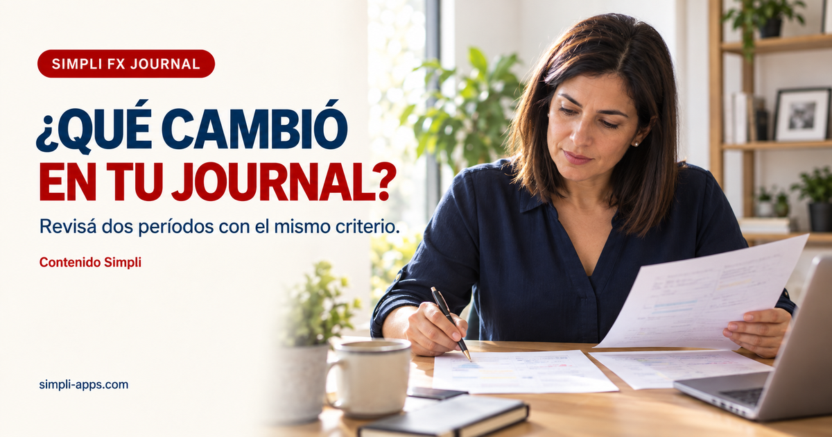 Una mujer revisa dos grupos de anotaciones de su journal en un escritorio, sin pantallas de cotizaciones