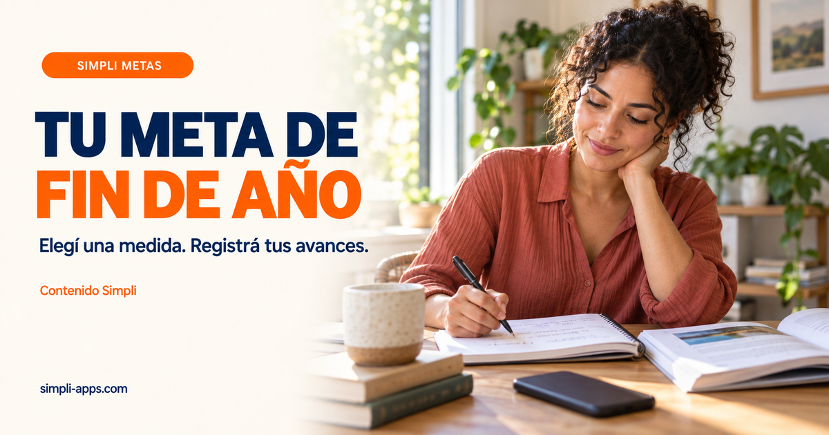 Una mujer revisa su cuaderno junto al celular para elegir cómo medir su meta de fin de año