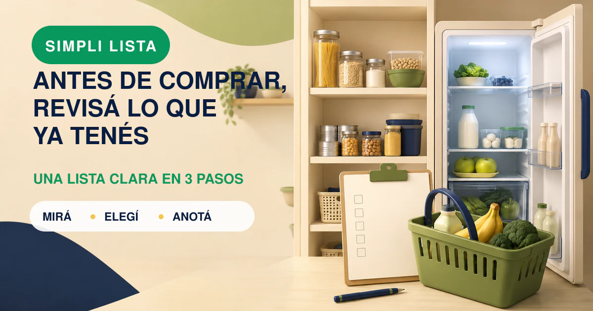 Despensa, refrigerador y lista de compras organizada