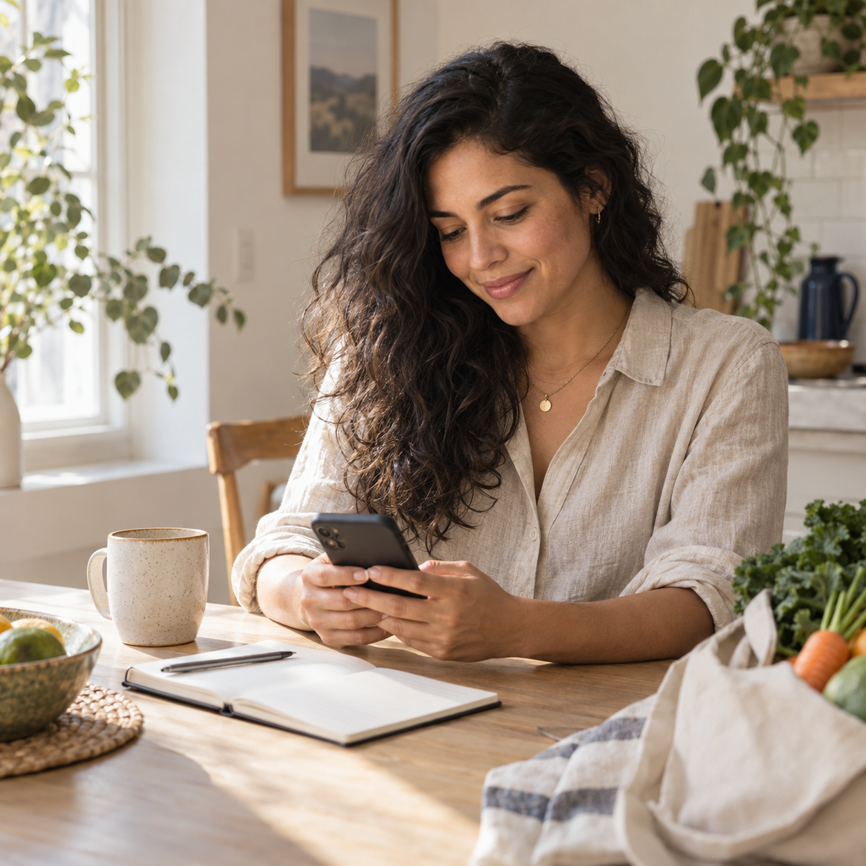 Una mujer organiza su día con su teléfono y un cuaderno.